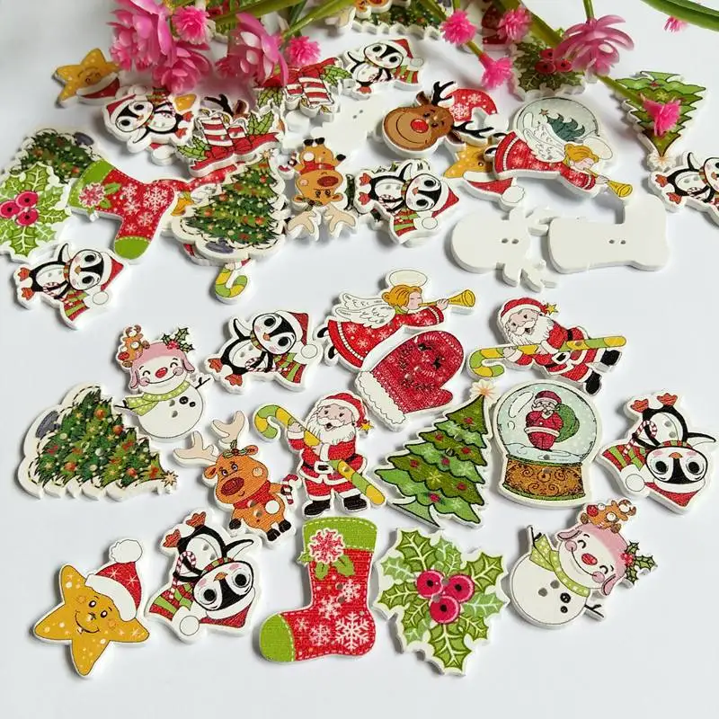 50pcs/pack Mix Christmas Decorative Wooden Buttons 2 Holes Handmade Scrapbooking For craft Supplies Sewing Accessories