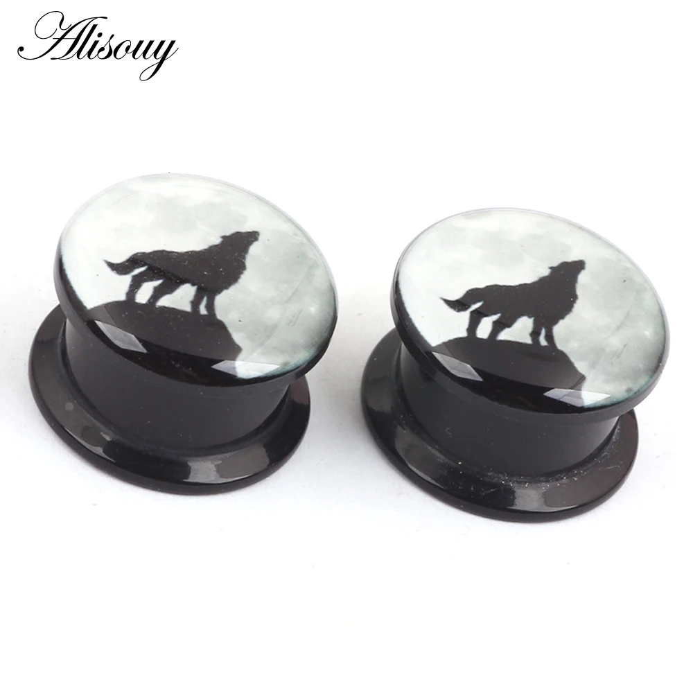 Alisouy 2pcs Night Wolf Animal Acrylic Ear Gauges Plugs Tunnels Stretcheing Expander Screw On Ear Plugs Piercing Body Jewelry