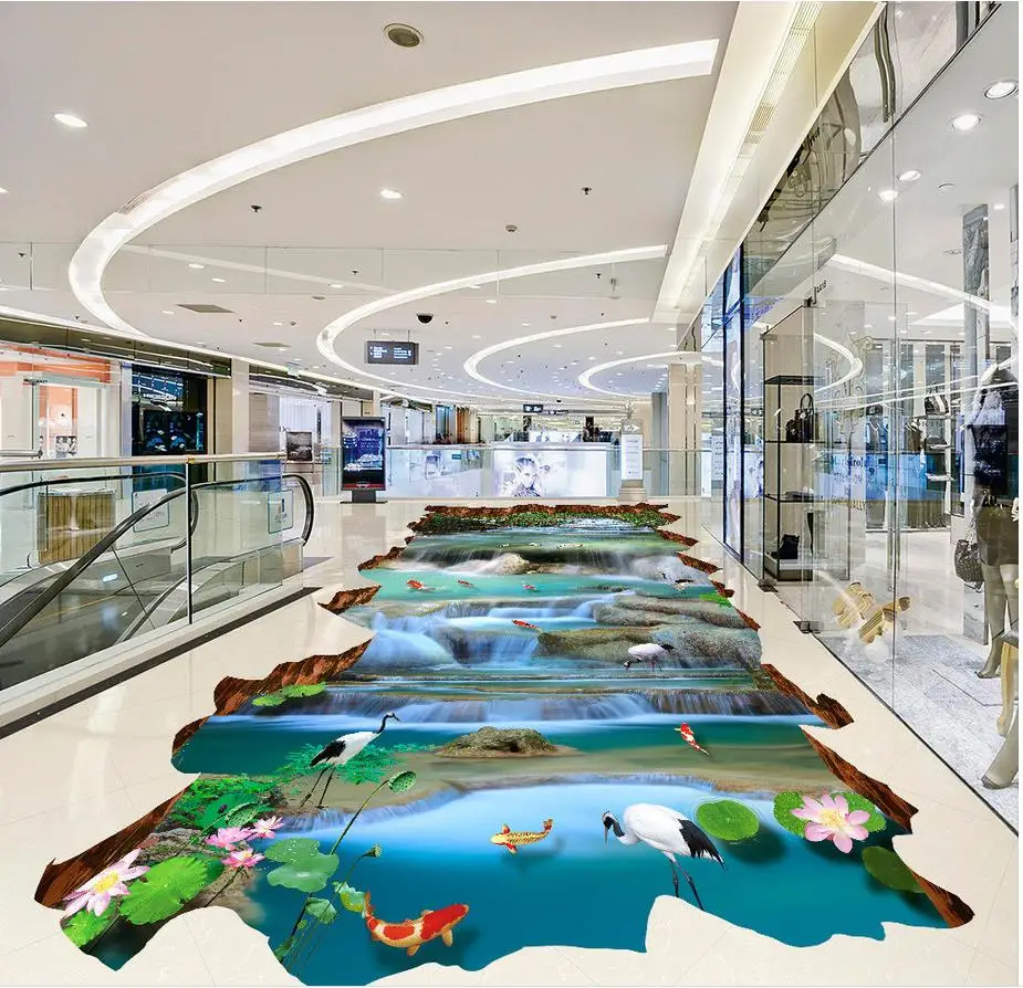 

3d flooring Waterfall river carp lotus outdoor scenery pvc self-adhesive wallpaper 3d floor painting wallpaper