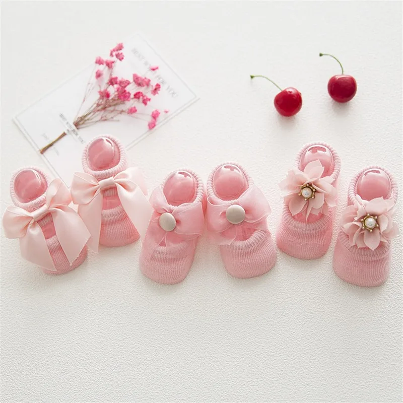 

3 Pairs/Lot Lace Floral Newborn Baby Socks Cotton Anti-Slip Kids Floor Socks Bow Baby Girl Socks Summer Style Girls Gift Sokken