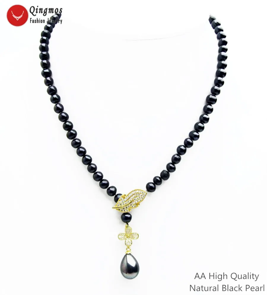 Qingmos Natural AA Round Black Pearl Necklace for Women with Drop Sea Shell Pearl Pendant Necklace Jewelry & Leaf Zircon Clasp