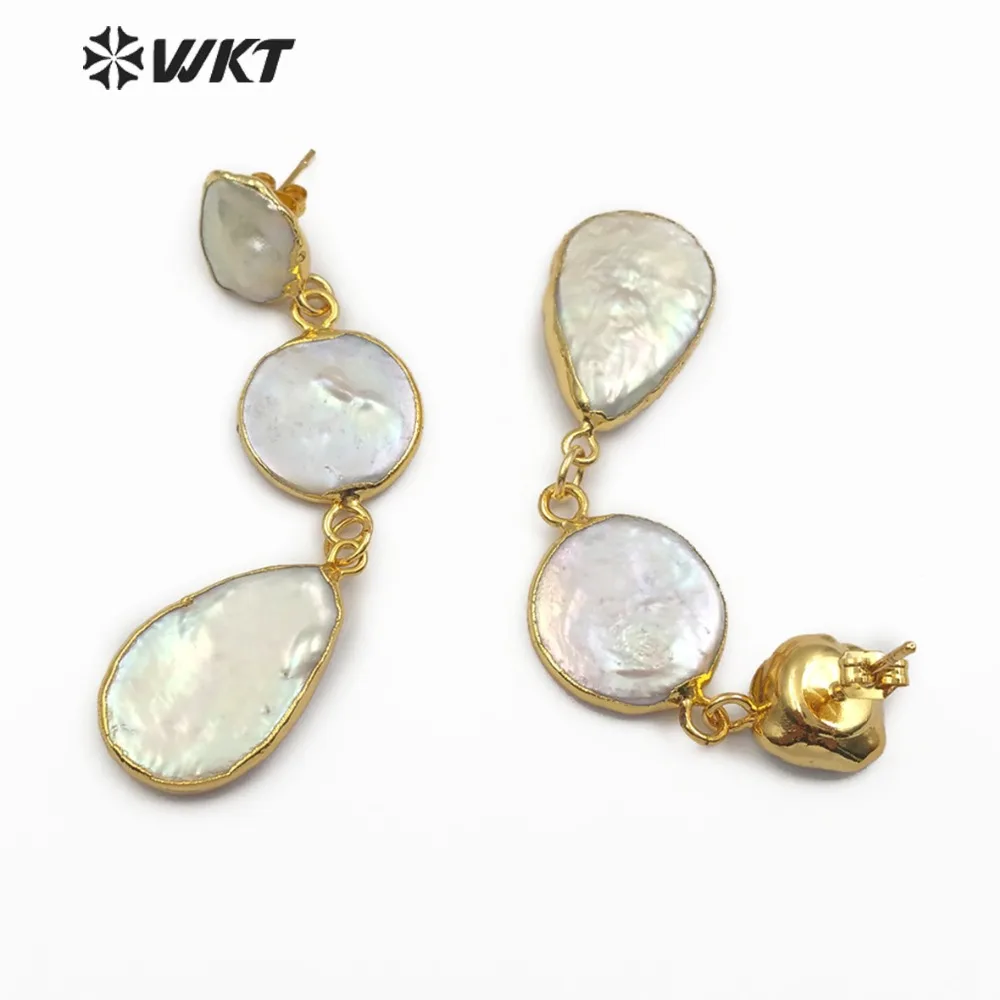 WT-E491 Natural Freshwater Pearl Jewelry Three Pearls In Round Teardrop Shape Gold Earring Wedding Gift For Friends