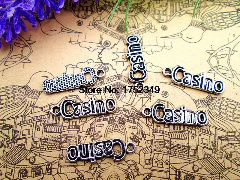 30pcs--Casino Charms, Antique Silver Tone Casino charm pendants 24mm x 8mm