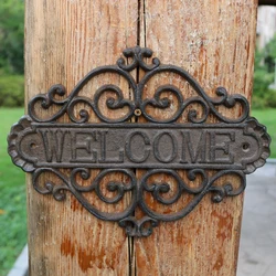 Vintage Hollow Wall Decor Cast Iron Welcome Plaque Signs European Retro Handmade Rustic Home Garden Wall Decor Metal Plate