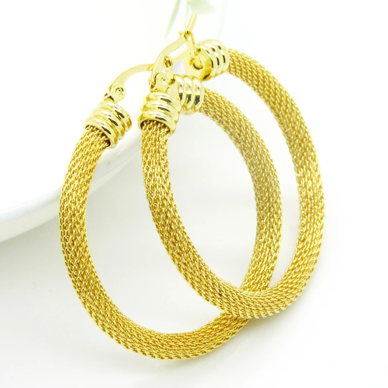 3 Size Gold Colour Women Gift Sale Fashion Jewelry Stainless Steel Mesh Wives Round Fancy Hoop Earrings