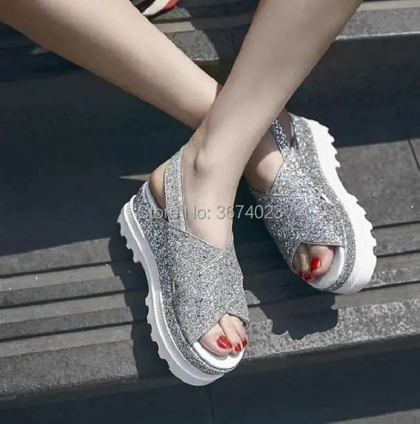 Qianruiti-Sandales à plateforme scintillante pour femmes, Peep Parker, Bling Wedges, Optics Heels, Street Casual, Slingbacks, Outdoor, Summer, 2018