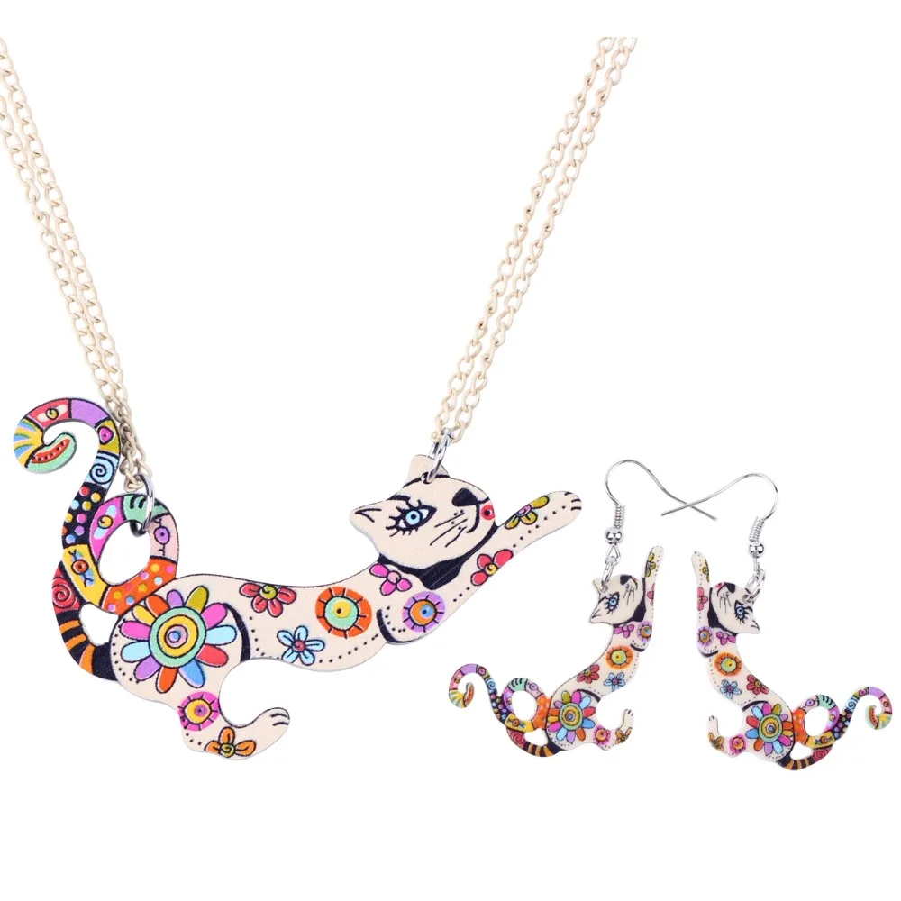 Bonsny Brand Jewelry Sets Acrylic Animal Cat Necklace Earrings Choker Collar Fashion Jewelry New Spring Women Girl Gift