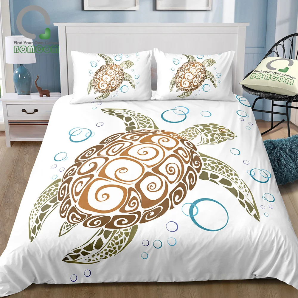 

BOMCOM 3D Digital Printing Hand Drawn Turtle Floats in Depth of the Sea Bubbles Silhouette Bedding Set 100% Microfiber