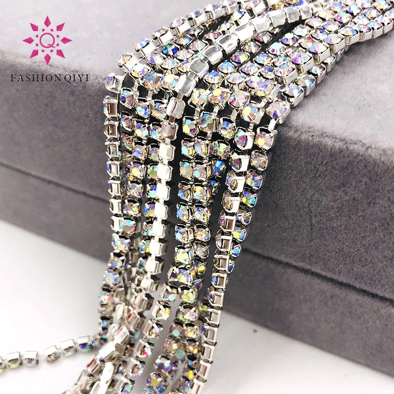 

New arrive 5 yards/bag Super bright encryption White AB 2mm-4mm silver base glass rhinestones cup chain,diy clothing accessories