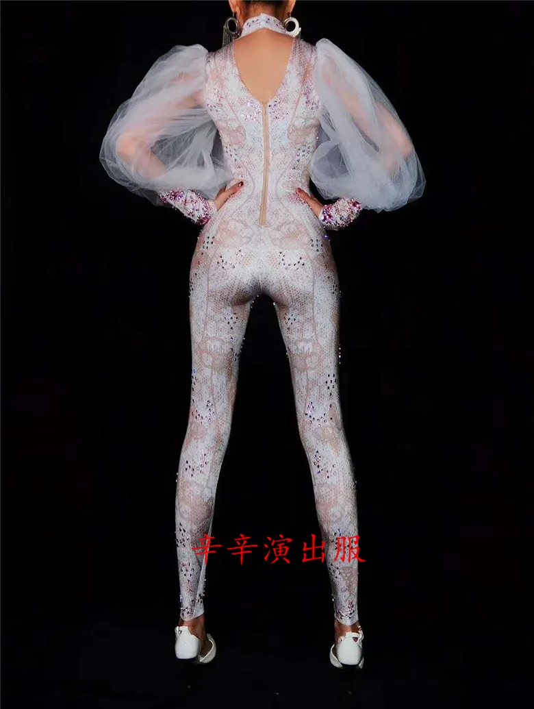 Ds White Lace Nude Rhinestone Jumpsuit Female Singer Sexy Stage Wear Bodysuit One-piece Costume Glisten Stones Stretch Outfit