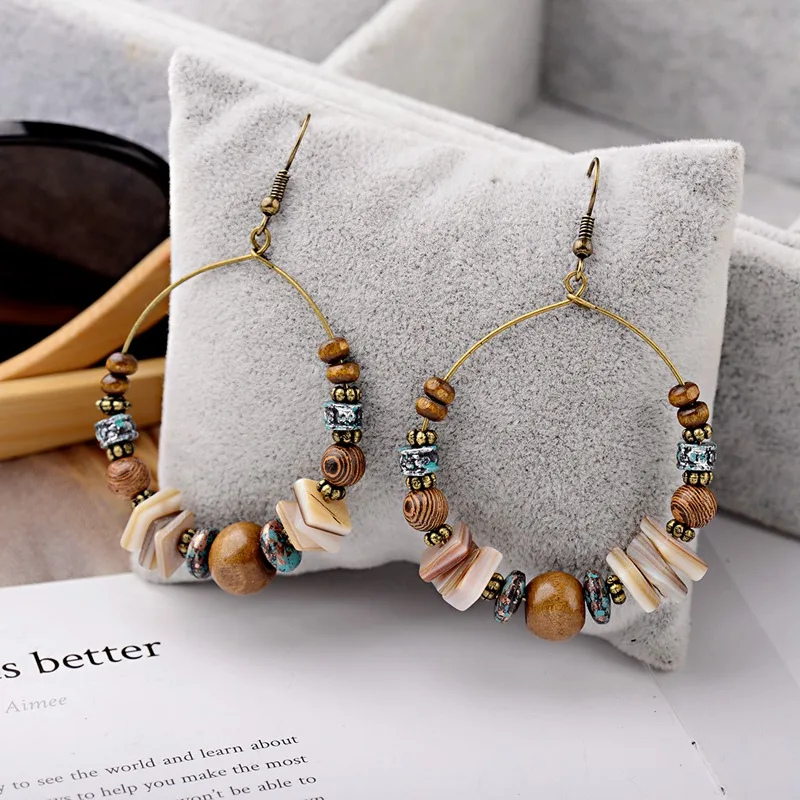 DOUVEI 2021 Ethnic Bohemia Women\'s Gypsy Big Bronze Wood Beads Round Drop Boho Earrings Vintage Style For Female HQE741