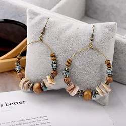 DOUVEI 2021 Ethnic Bohemia Women's Gypsy Big Bronze Wood Beads Round Drop Boho Earrings Vintage Style For Female HQE741