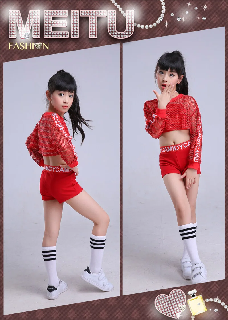 Girls Red Cool Ballroom Jazz Hip Hop Dance Costume stage dance wear Tank Tops Shorts Net Blouse for Kid Dancing Clothes Outfit