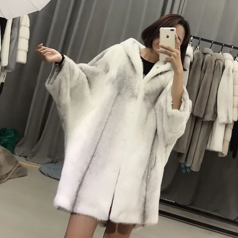 Women cross skull real mink fur coat female hooded nine-point sleeve mink overcoat female long section jacket