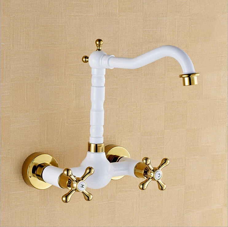 Wall Brass White Painted With Gold Hot&Cold Bathroom Kitchen Basin Sink Faucet Mixer Tap W3013