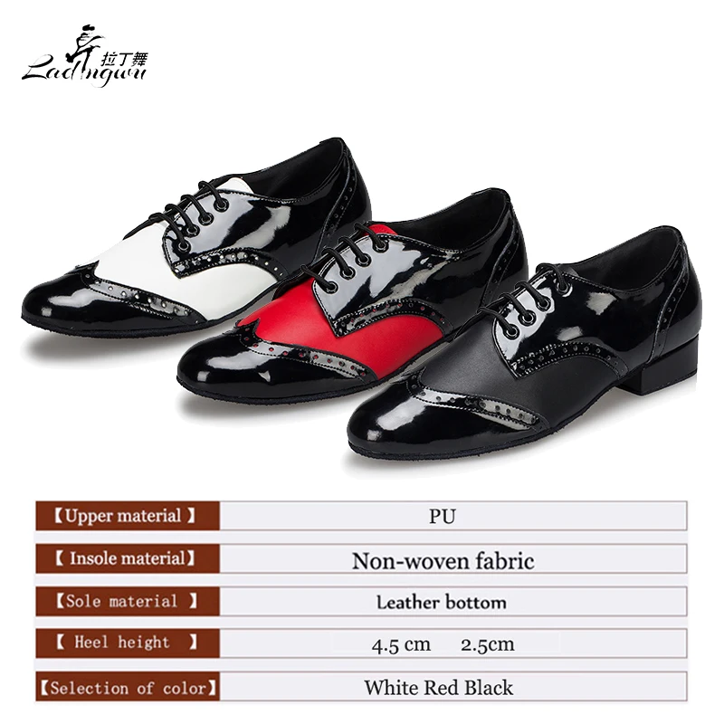 Ladingwu New Modern Men\'s Soft Bottom Latin Dance Shoes White/Red/Black PU Ballroom Waltz Samba Dance Shoes Heel 2.5/4.5cm