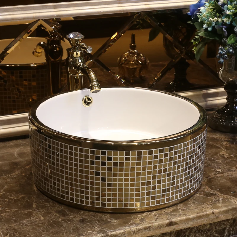 Gold mosaic Porcelain ceramic sinks for bathroom wash hand basin black color chinese counter top wash basin