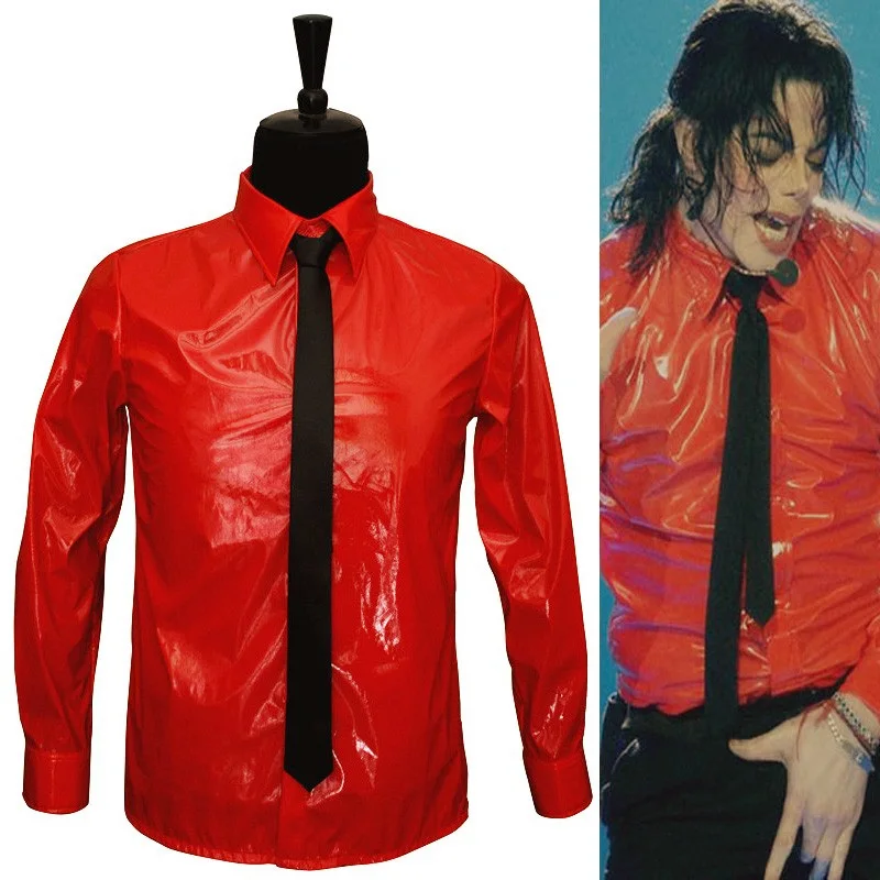 Classic MJ In Memory of Michael Jackson Red Patent Leather Dangerous BAD Jam Shirt For Party Gift Halloween