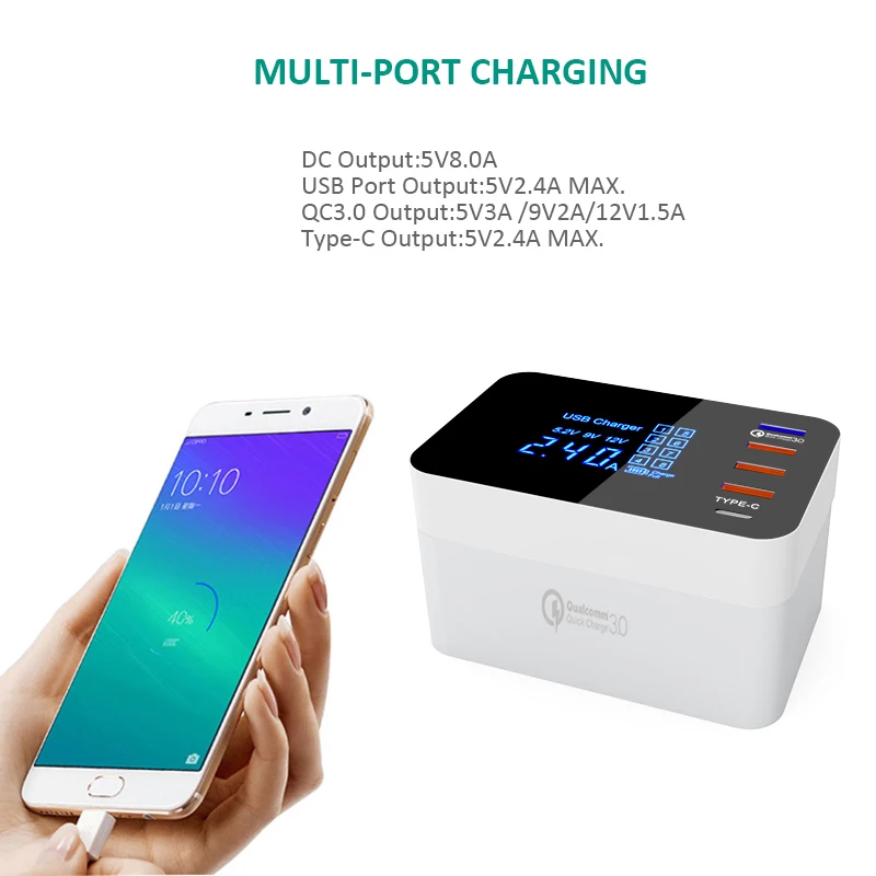 iNGMAYA Foldable Mini USB Charger LED Show Quick Charge 3.0 Type C Fast Charging Station For iPhone Samsung Huawei Nexus Adapter