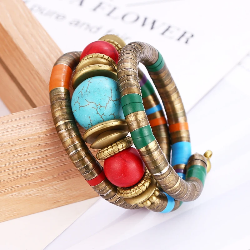 Vintage Boho Statement Bangle Bracelets Feminino Cuff Chain Nepal Retro Lava Stones Wristband Bracelet For Women Ethnic Jewelry