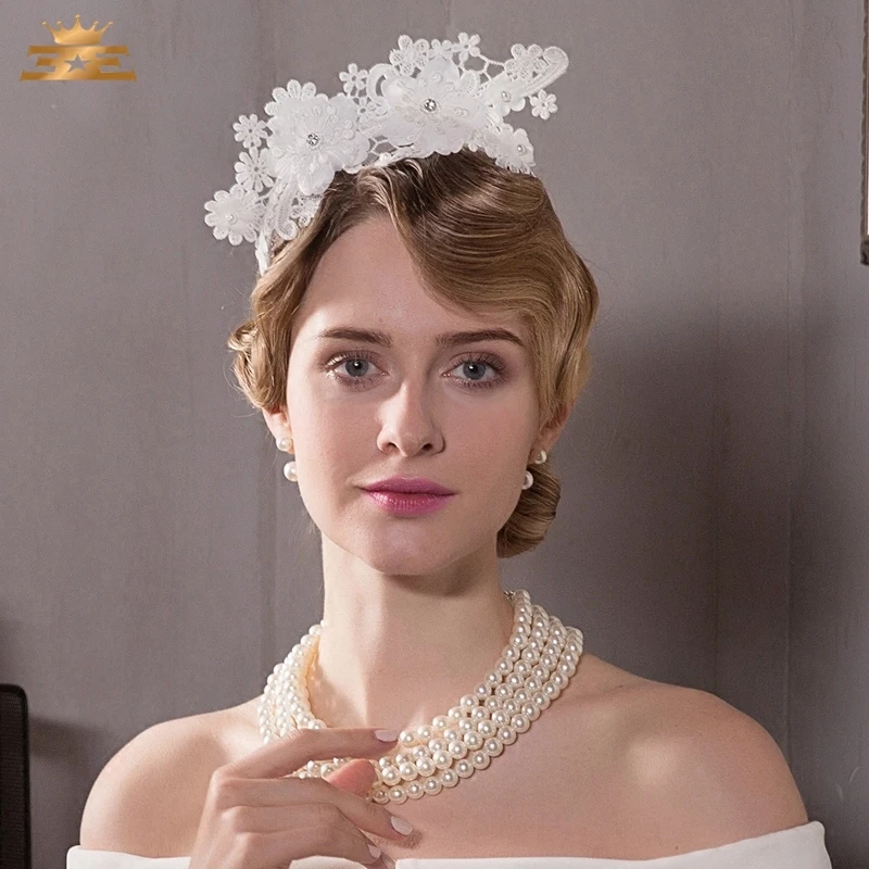 

Spring Fedoras Hat Female Summer New British Elegant Hairband Hat Girls White Wedding Bride Headdress Lady Party Hat B-8218