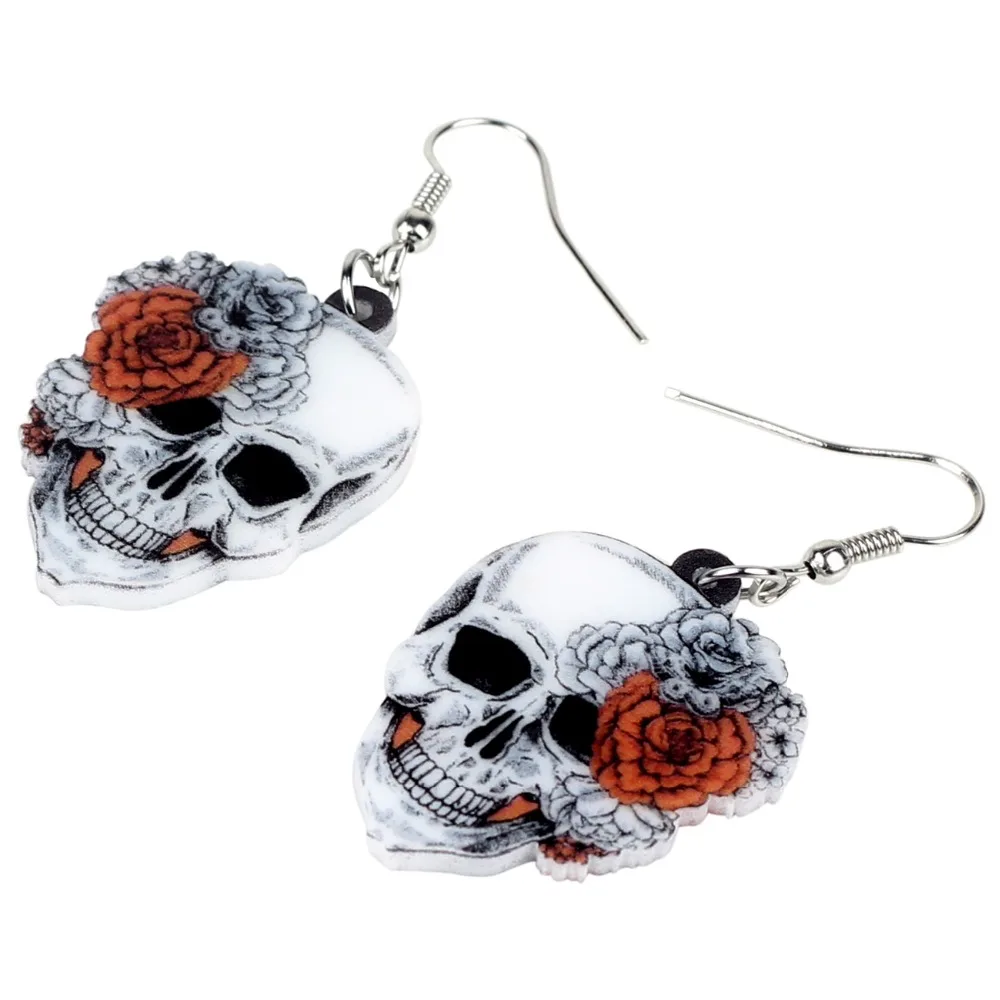 Bonsny Acrylic Halloween Rose Flower Skull Earrings Drop Dangle Big Long Fashion Punk Jewelry For Women Girls Ladies Accessories