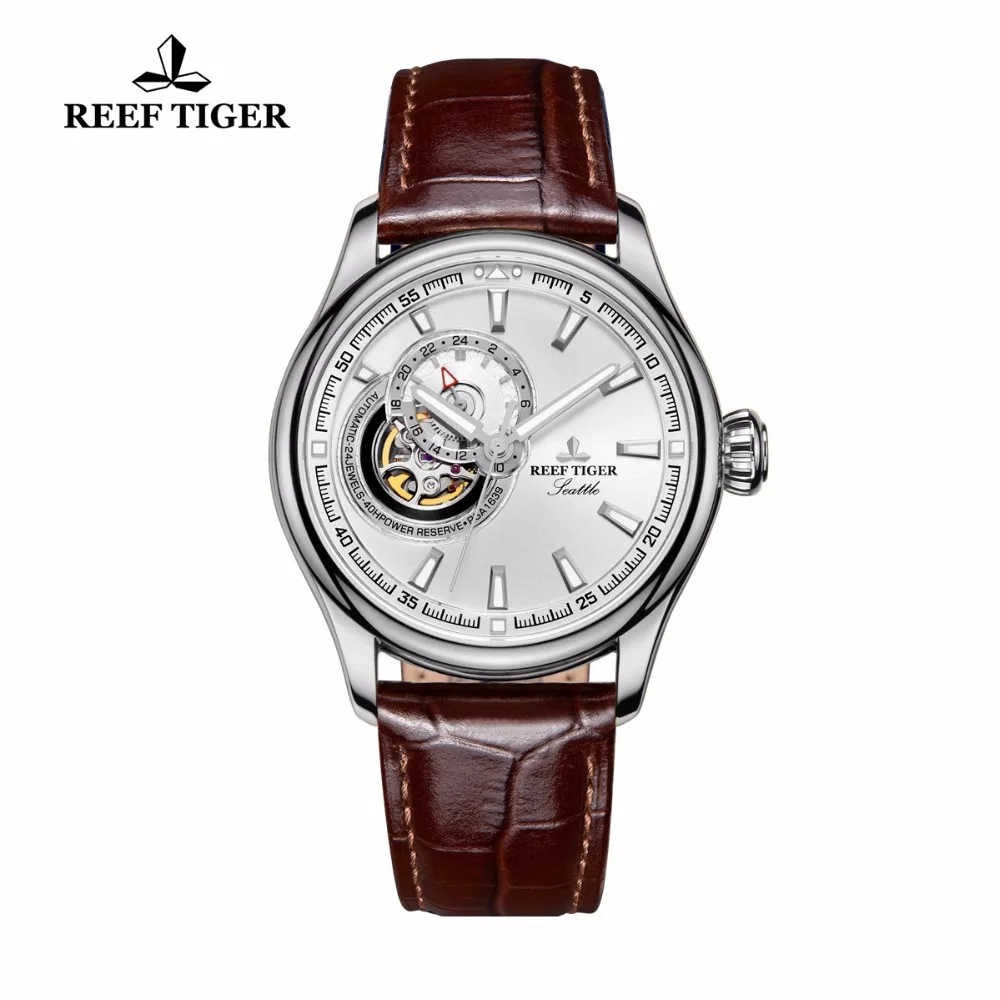 Reef Tiger/RT Skeleton Casual Watch for Men Black Dial Automatic Analog Watch Leather Strap Tourbillon Wrist Watches RGA1639