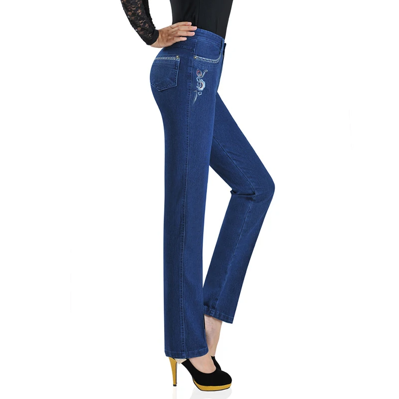 New Fashion Casual Jeans Middle-Aged Women High Waist Trousers Straight Pants Female Embroidery Elasticity Denim Pants