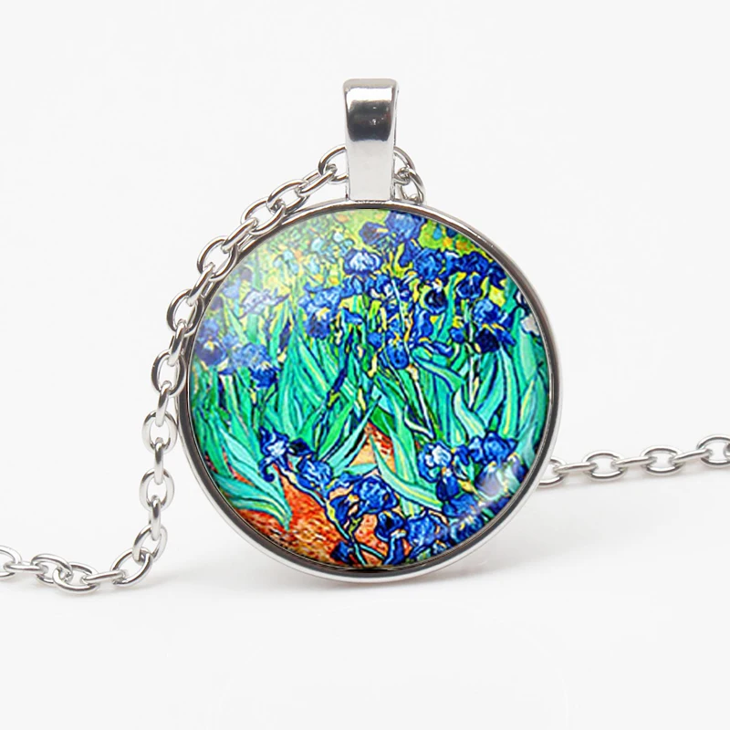 Vintage Van Gogh Oil Painting Pendant Necklace Moon Night Street Landscape Pattern Sunflower Necklace Men Women Handmade Trinket