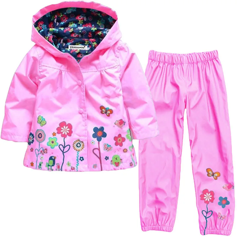 Spring Girls Clothing Set Flower Pattern Girls Clothes Waterproof Raincoat Hooded Coat + Pant 2Pcs Casual Suit Children Clothing