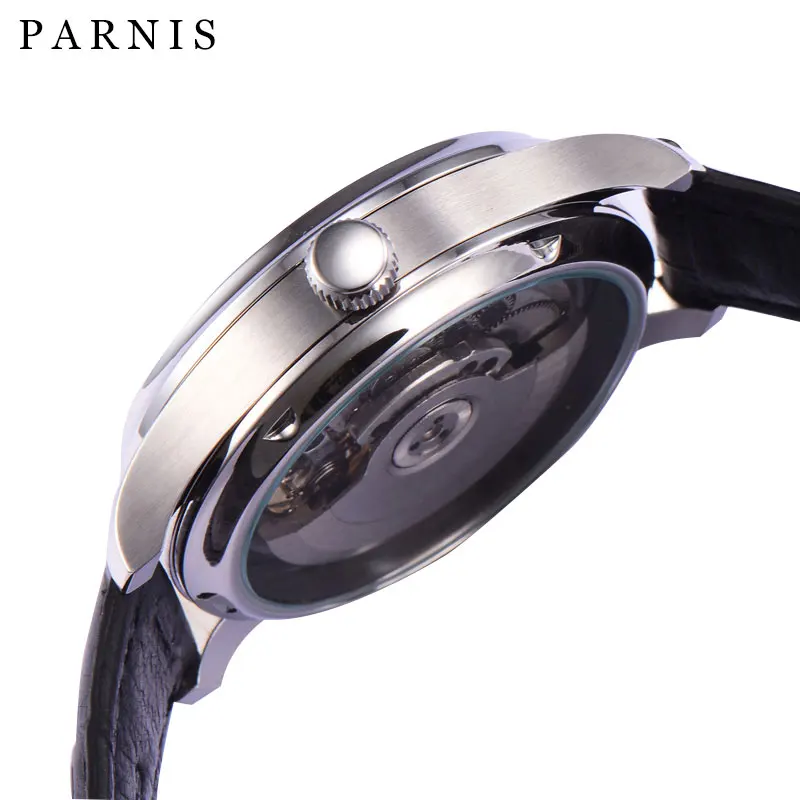 Fashion Parnis 43mm Silver Case Mechanical Automatic Watches Men Power Reserve Calendar Waterproof Watch reloj para hombre 2023