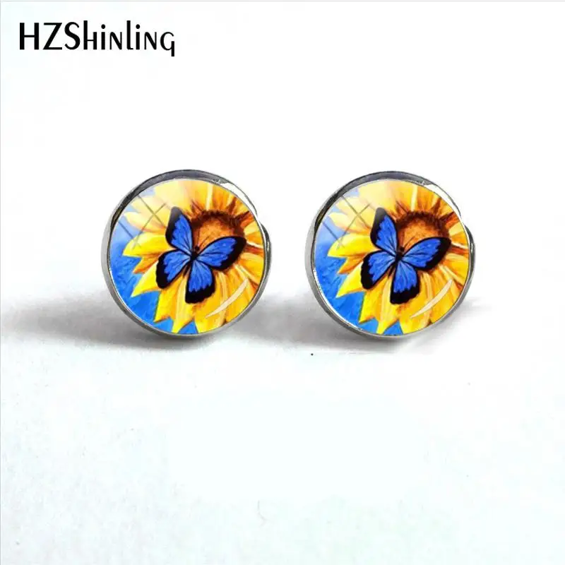 2018 New Sunflower Earring Color Flowers Ear Stud Handmade Earrings Art Glass Cabochon Jewelry HZ4