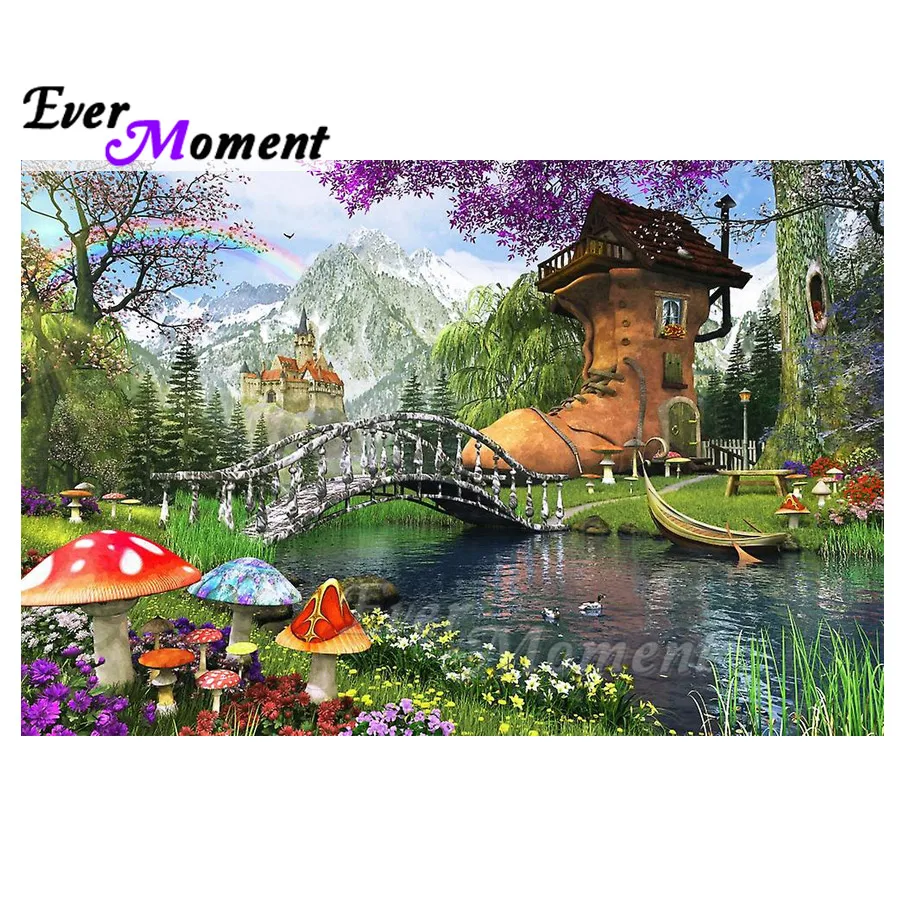 Ever Moment Diamond Painting Handmade Shoe House Landscape Bridge Full Square 5D DIY Diamond Embroidery Mosaic Decor ASF1082