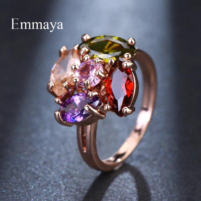 Emmaya Brand Fashion Shiny Romantic Rose Gold Color AAA Multicolor Zircon Jewelry Rings For Women Elegance Wedding Gift Party