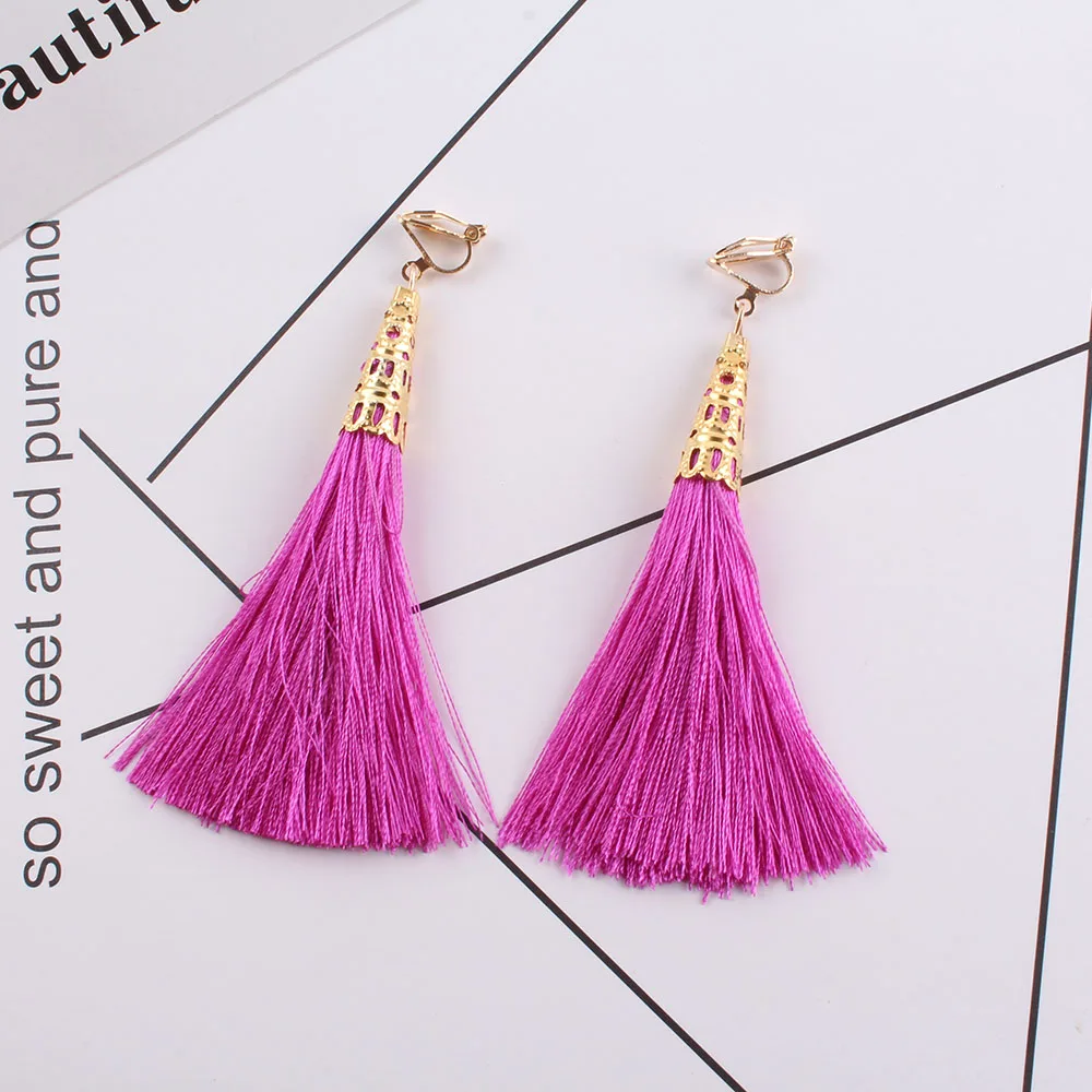 Bohemia Ethnic Long Tassel clip on earrings Women Brand Jewelry Geometric Alloy Plating Simple Dangle Without Pierced Ear Clip