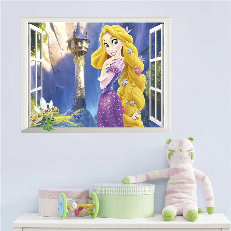 Rapunzel Princess 3d Window Wall Stickers For Home Decoration 3d Window Anime Mural Art Diy Kids Room Wall Decals