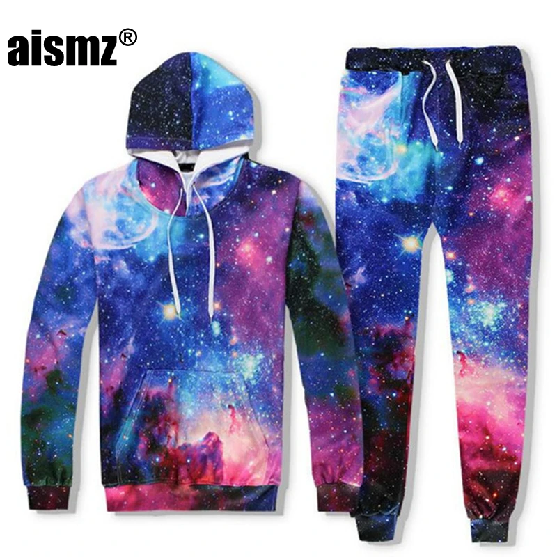 

Костюм спортивный Aismz для мужчин и женщин, модный костюм с 3D принтом Галактики, Свитшот и штаны с капюшоном, весна-осень-зима