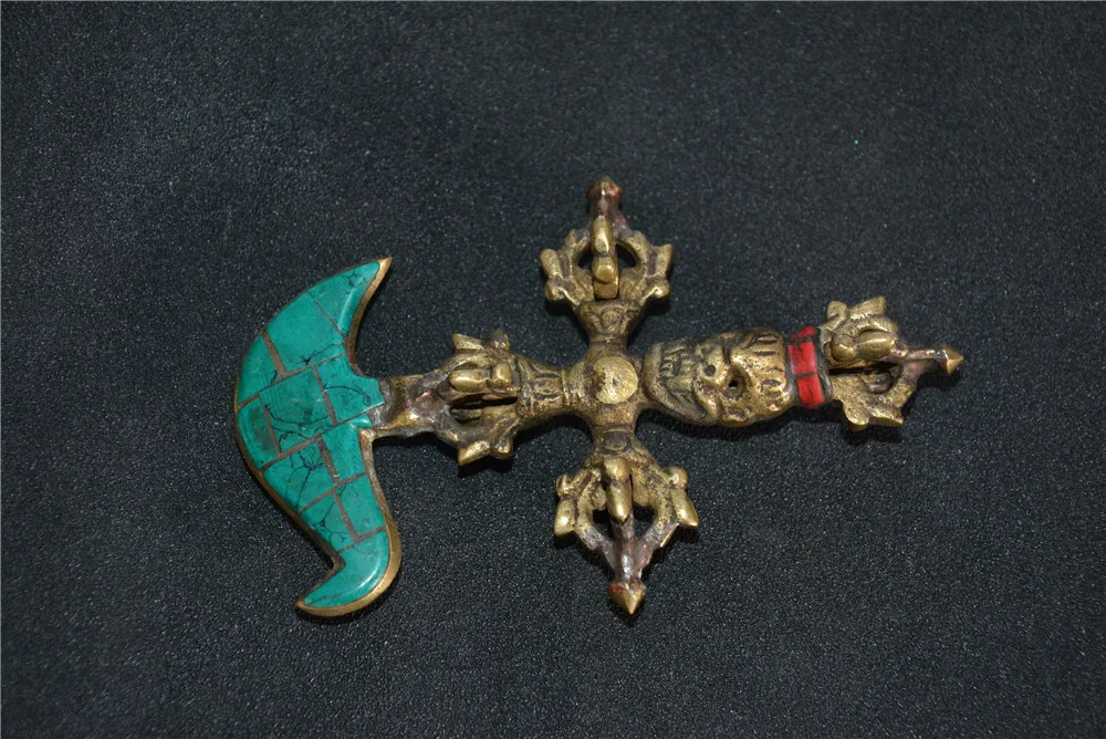 Rare old  religious objects ---Buddha Vajra Dorje Kingkong Buddhist ritual apparatus, copper &turquoise&moon, free shipping