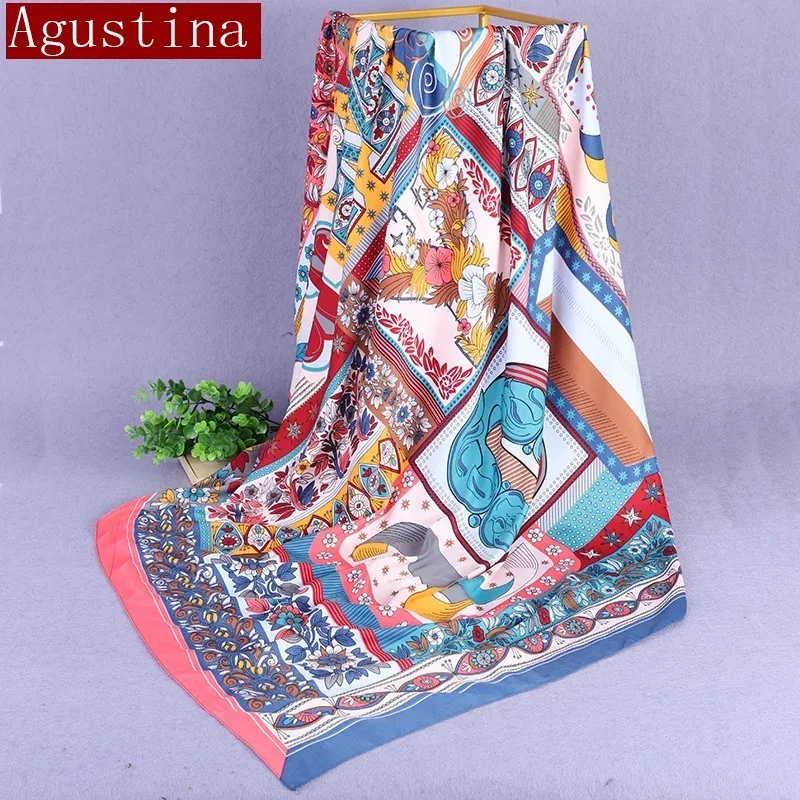 

100% silk feel square scarf winter lattice Print women fashion luxury hijab stoles scarves high quality femme for ladies echarpe