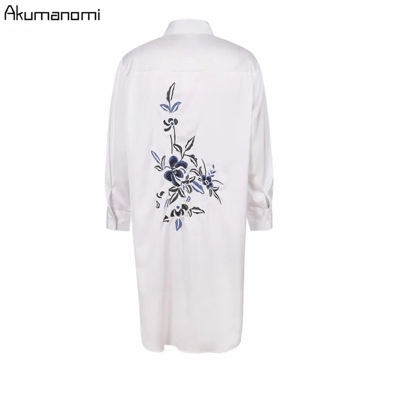 Herfst Wit Blauw Shirt Turn-down Kraag Bloemen Borduren Zijden Blouse Vrouwen Kleding Lente Lange Shirt Tops Plus Size 7XL-2XL