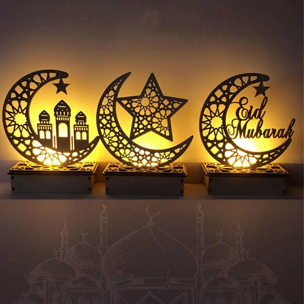 

LED Wooden Eid Mubarak Plaque Moon Star Ramadan Ornament Muslim Decor Pendant Islam Muslim LED Candles Light Party Supplies