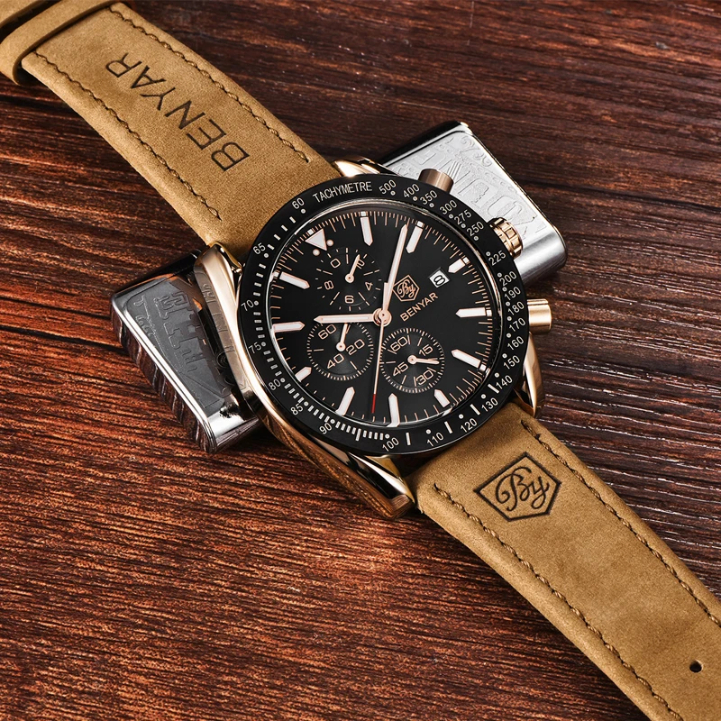 BENYAR Luxury Men WatchesTop crusca orologi da polso da uomo orologio al quarzo in pelle sport impermeabile 30M orologio maschile Relogio Masculino