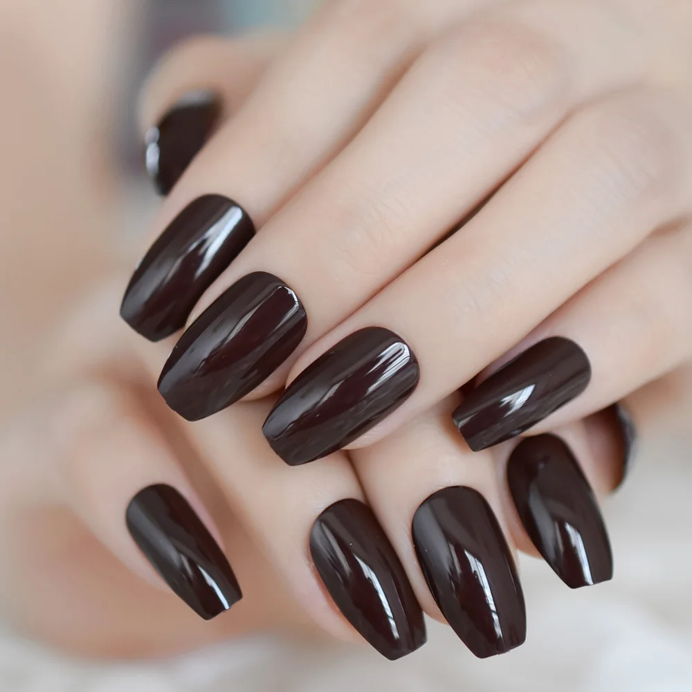 Coffin Nails Dark Coffee Brown Ballerinas False Fake Nails Chocolate Square Head Ballerina Full Cover UV Finger Nail Art Tips