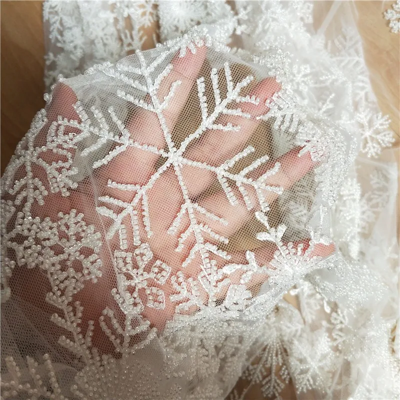 New advanced beaded snowflake lace fabric cloth heavy work luxury wedding dress Christmas snowflake fabric