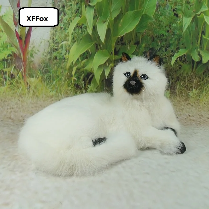 big new real life lying black mouth cat model plastic&furs beautiful white cat gift about 30x16x21cm xf1434