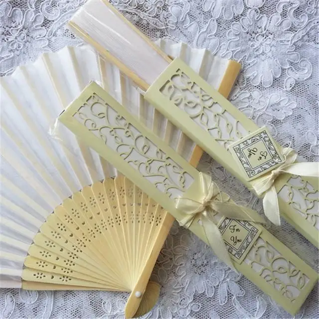 Support printing text for fans with retail elegant gift box folding wedding silk fan personalized wedding favors for guests