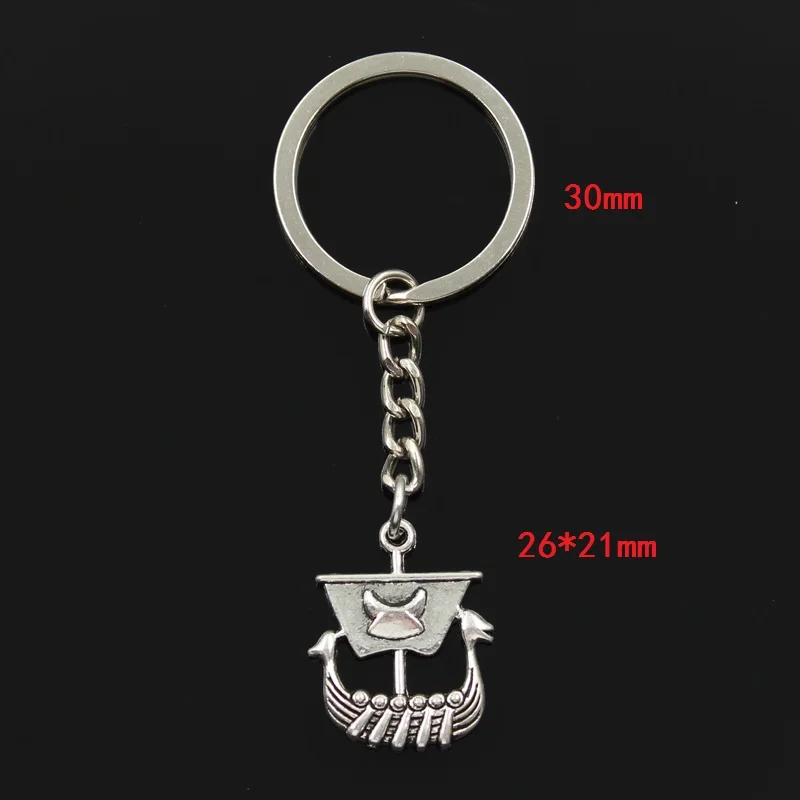 Fashion 30mm Key Ring Metal Key Chain Keychain Jewelry Antique Silver Color Plated Viking Ship Boat 26x21mm Pendant