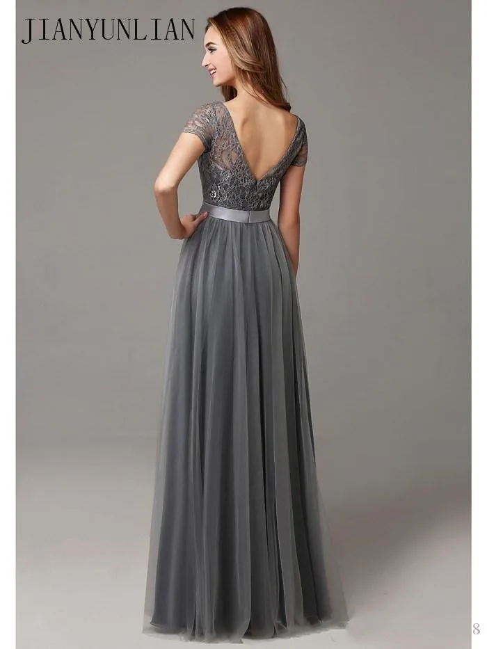 Grey Long Modest Bridesmaid Dresses With Cap Sleeves Lace Tulle Short Sleeves Sheer Neckline Formal Wedding Party Dress Real