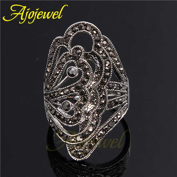 Ajojewel Big Hollow Designer Ring Black Rhinestone Luxury Women Rings Vintage Jewelry Fashion Accessories