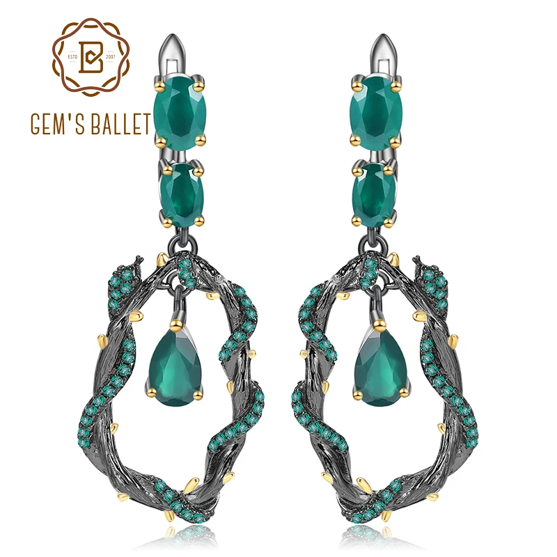 GEM'S BALLET Natural Green Agate Gemstone Earrings 925 Sterling Silver Creative Handmade Snake Drop Earrings for Women Bijoux